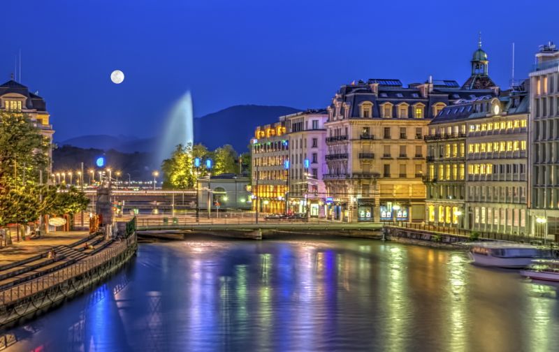 Urban view with famous fountain, Geneva, Switzerland, HDR